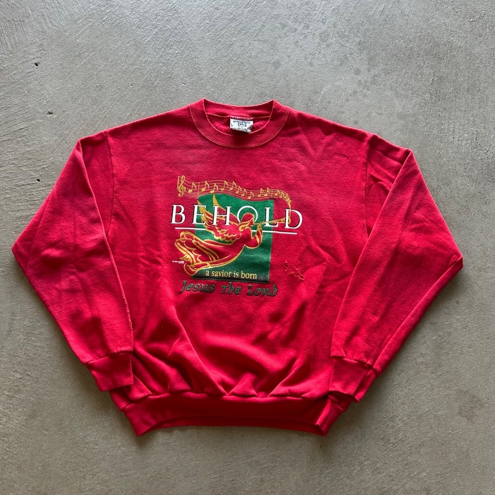 Vintage 90s Behold Jesus Sweatshirt Size Large Red Crewneck 1996 Savior Is Born